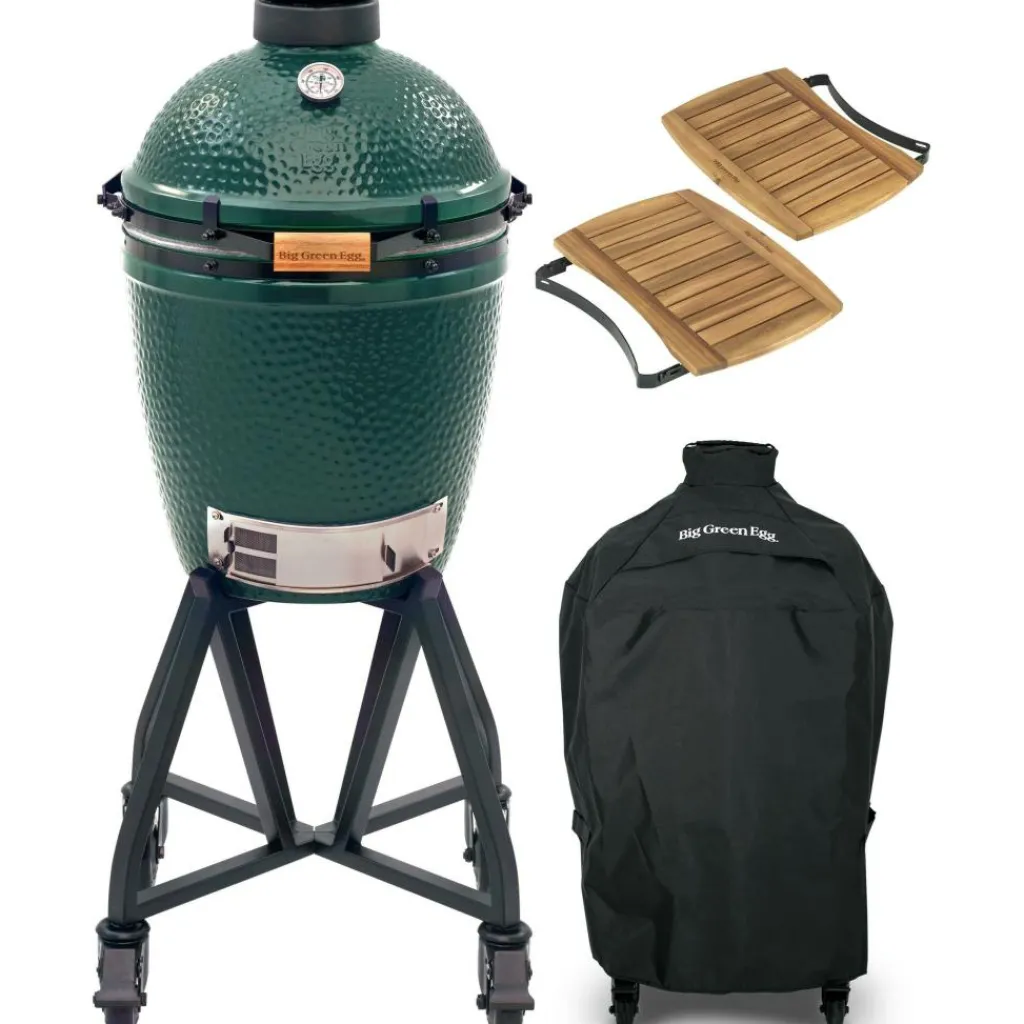 Kamado-Big Green Egg Medium houtskoolbarbecue inclusief onderstel, zijtafels en hoes