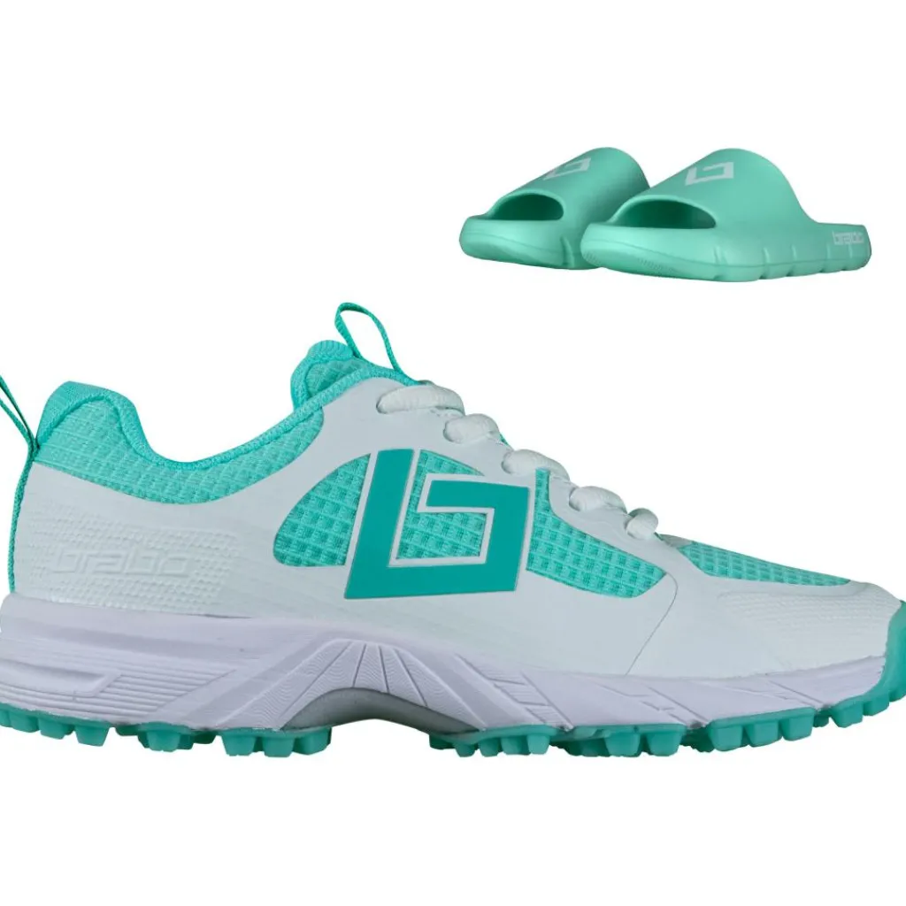 Brabo Tribute hockeyschoenen junior aqua white inclusief slippers< Hockeyschoenen