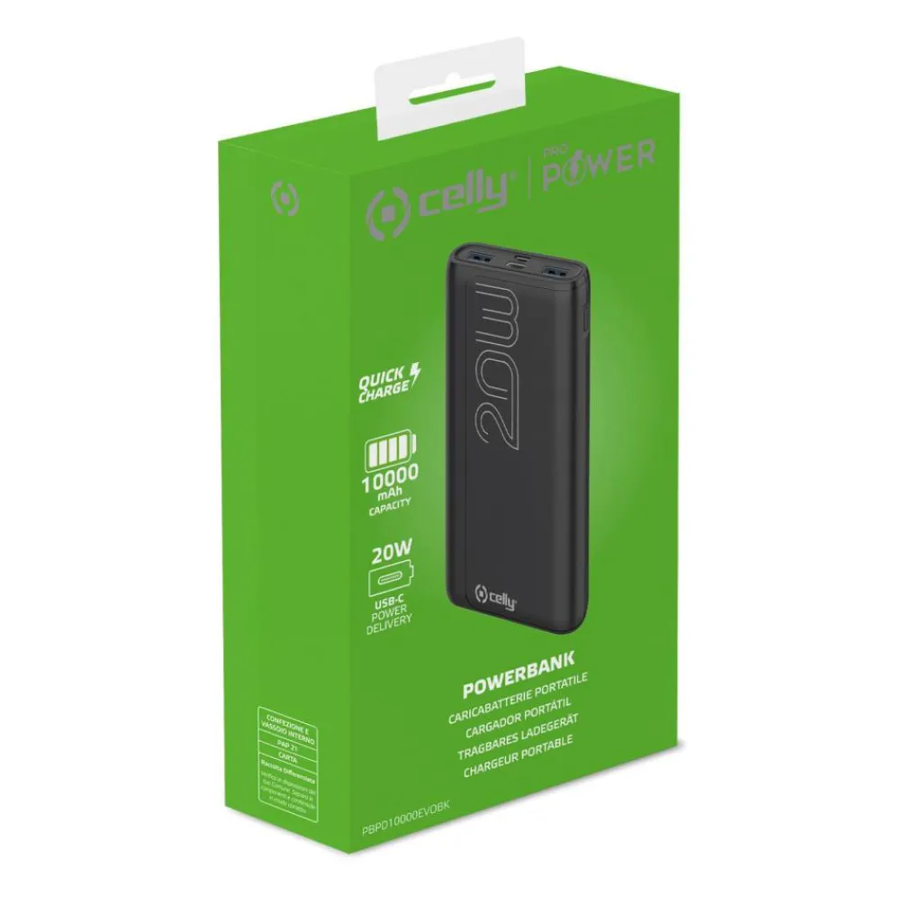 Celly PD20W 10.000 Mah powerbank zwart< Accu's & Batterijen