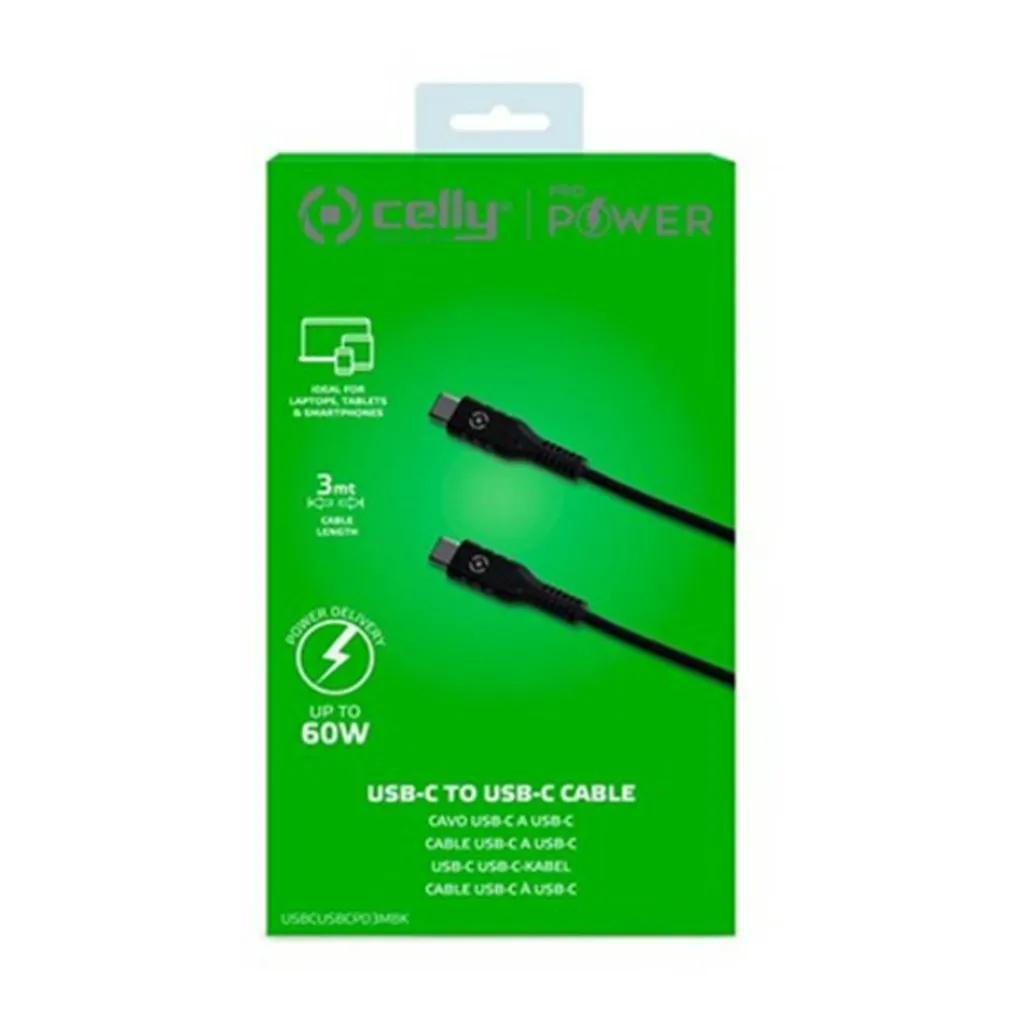 Celly USB C - USB C Power Delivery oplaadkabel 3 meter zwart< Accu's & Batterijen