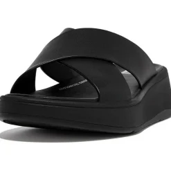 Fitflop F-Mode Leather Flatform Cross slippers dames all  black< Slippers