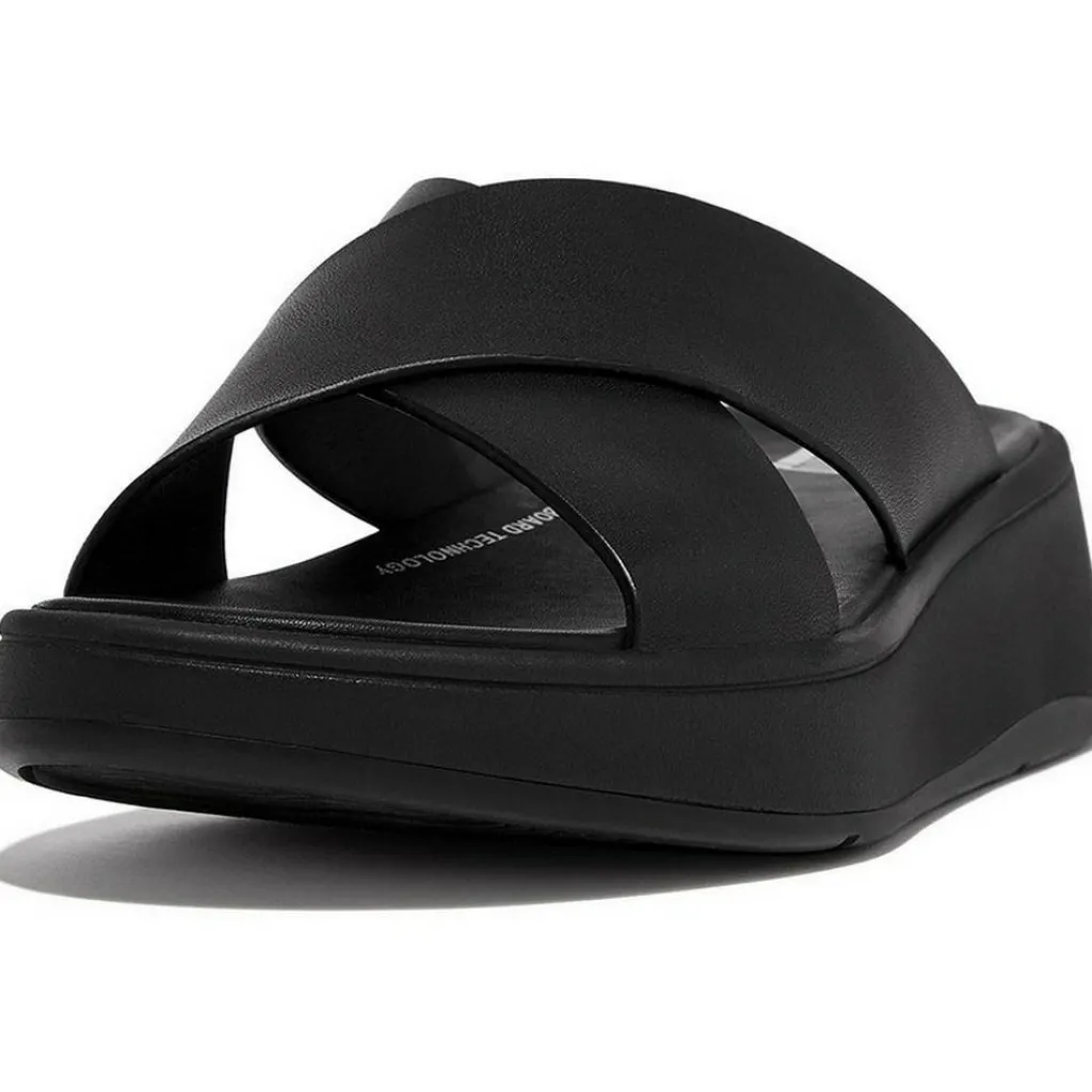 Fitflop F-Mode Leather Flatform Cross slippers dames all black< Slippers