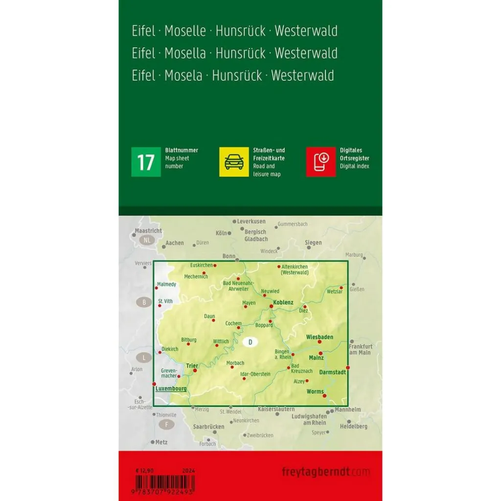 Reisboeken & Kaarten-Freytag & Berndt Eifel Moezel Hunsrück Westerwald vrijetijds- en wegenkaart
