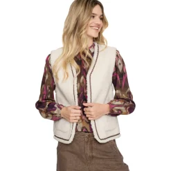 Geisha Teddy Embroidery vest dames off white tape dark brown zigzag< Truien & Vesten