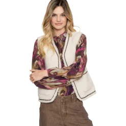 Geisha Teddy Embroidery vest dames off white tape dark brown zigzag< Truien & Vesten