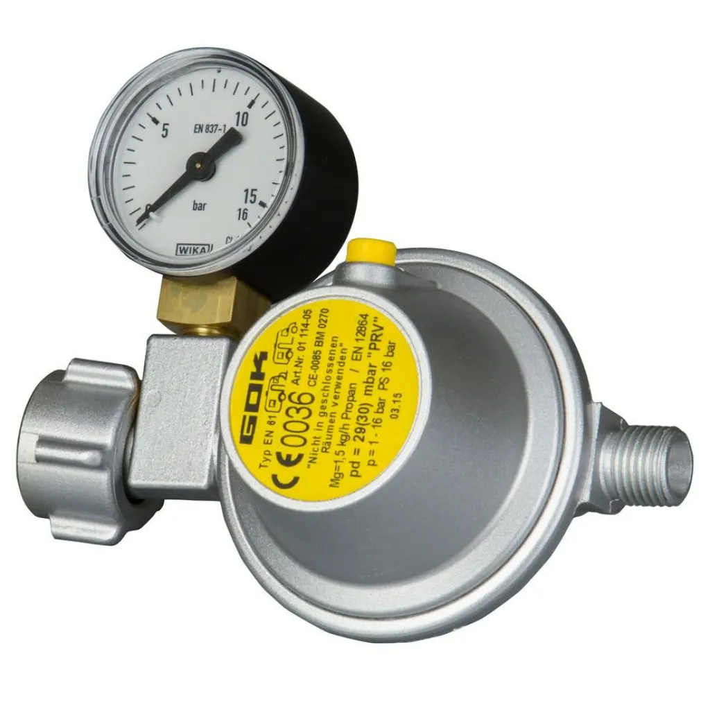 Gasdrukregelaars-GOK Gasdrukregelaar 30 mbar manometer 1/4 linkse aansluiting