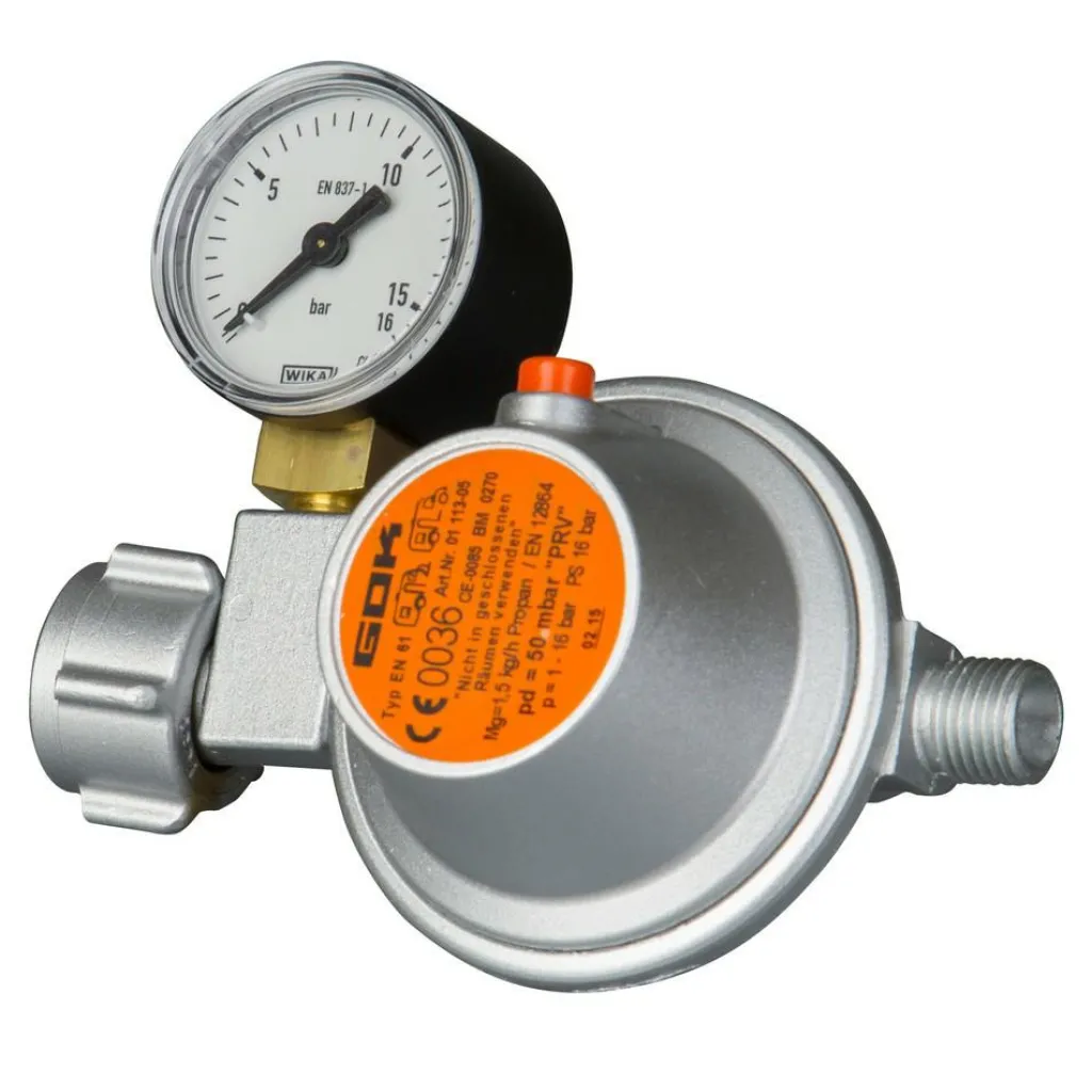 GOK Gasdrukregelaar 50 mbar manometer 1/4 linkse aansluiting< Gasdrukregelaars