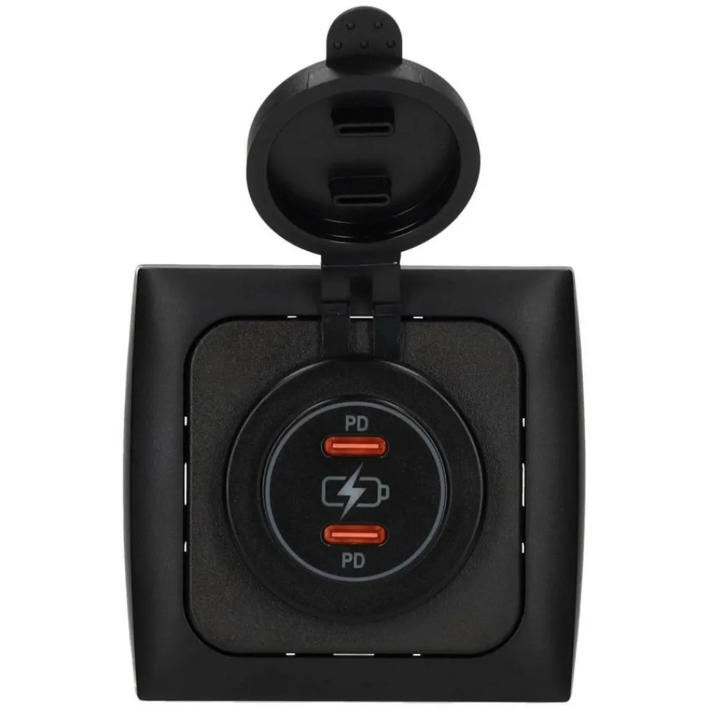 Haba C-line Power Line 2x USB-C PD 36W lader wandcontactdoos met klep black< Camping Elektra