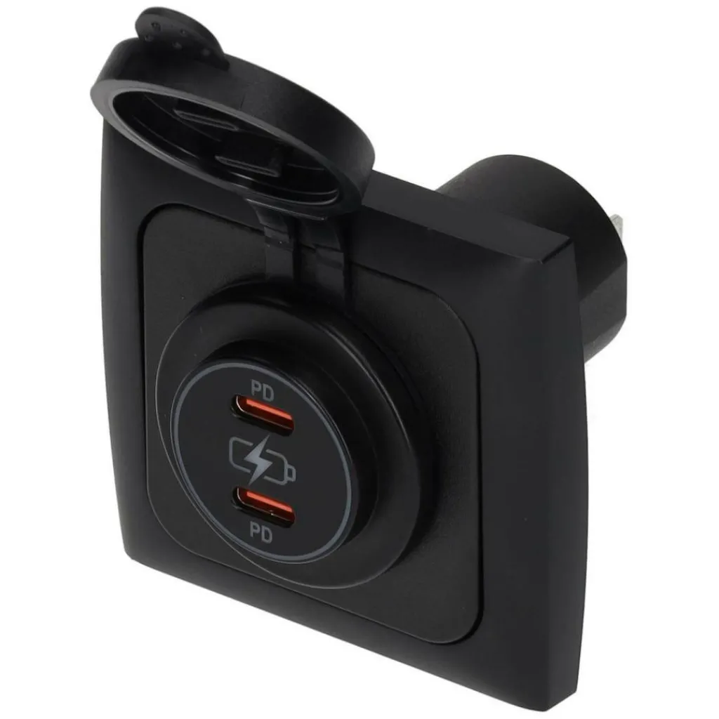 Haba C-line Power Line 2x USB-C PD 36W lader wandcontactdoos met klep black< Camping Elektra