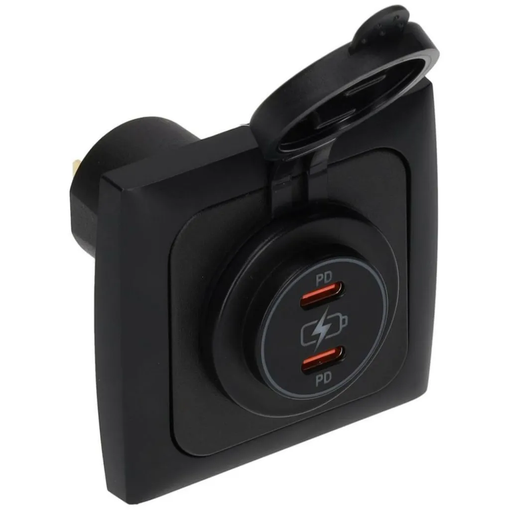 Haba C-line Power Line 2x USB-C PD 36W lader wandcontactdoos met klep black< Camping Elektra