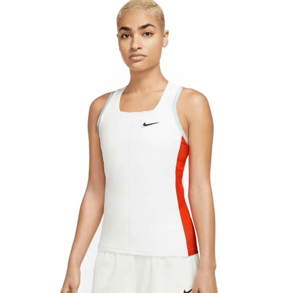 Tenniskleding-Nike Court Dri-FIT Slam tennis tanktop dames white orange blue