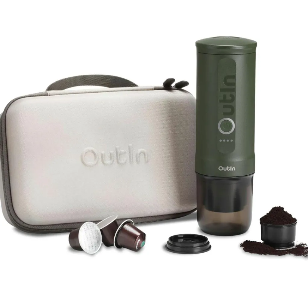 Keukenapparaten-OutIn Traveler Gift Set draagbare espressomachine forest green