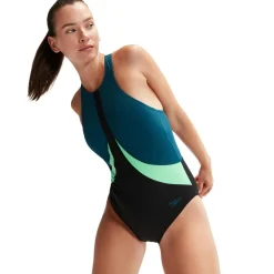 Speedo Colourblock Highneck badpak dames black teal< Badpakken