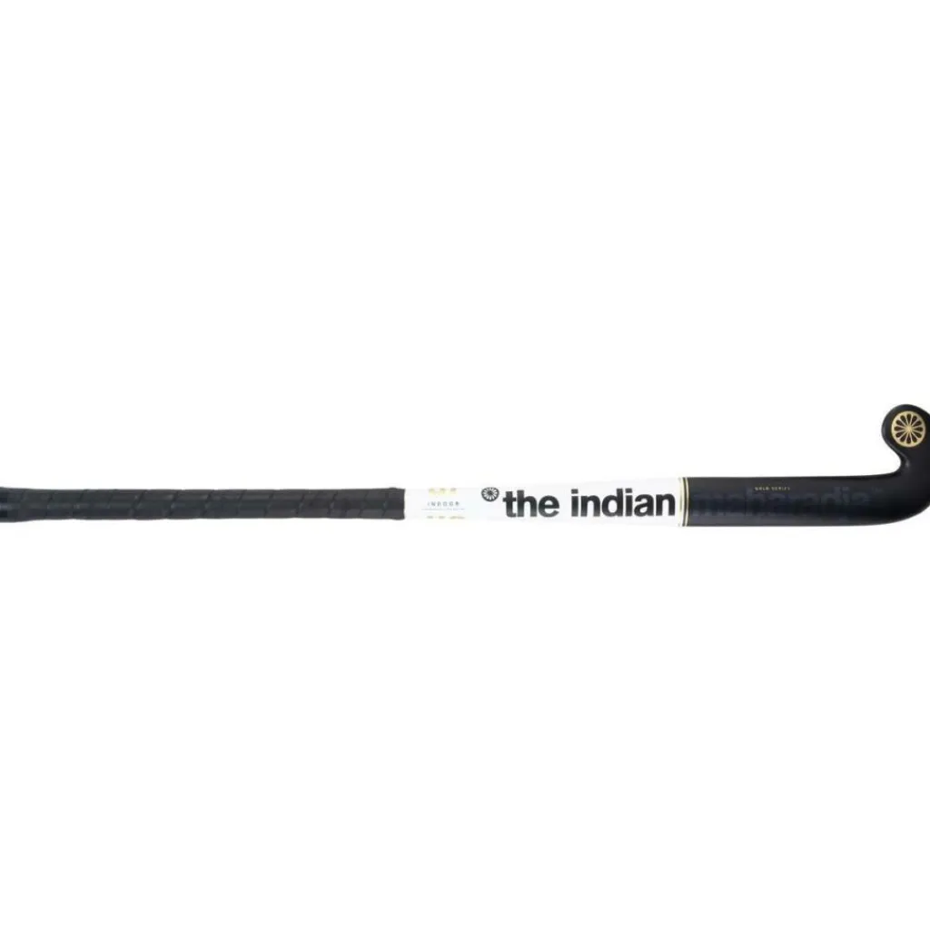 The Indian Maharadja Gold Pro Mid Bow zaalhockeystick junior black white gold foil< Hockeystick