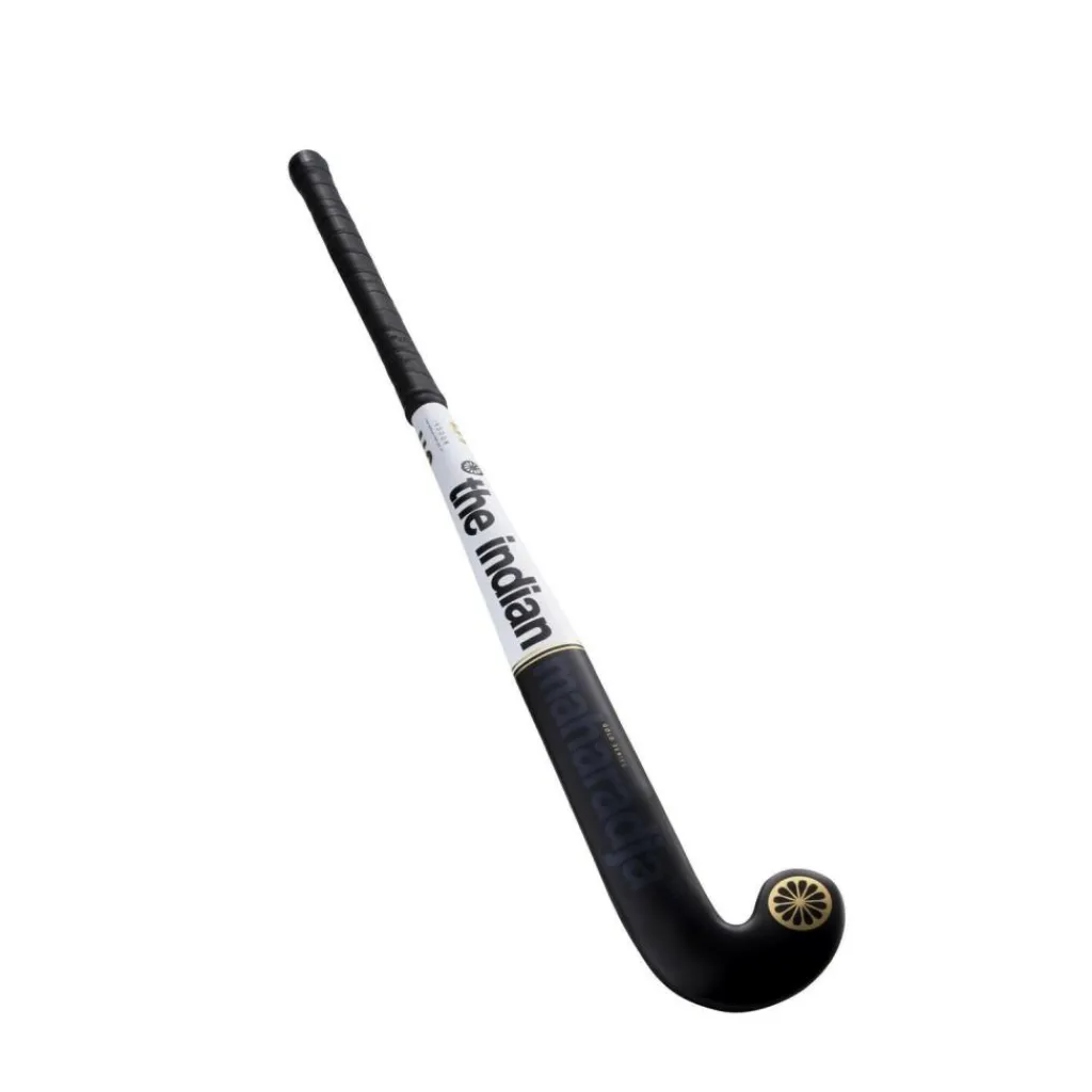 The Indian Maharadja Gold Pro Mid Bow zaalhockeystick junior black white gold foil< Hockeystick